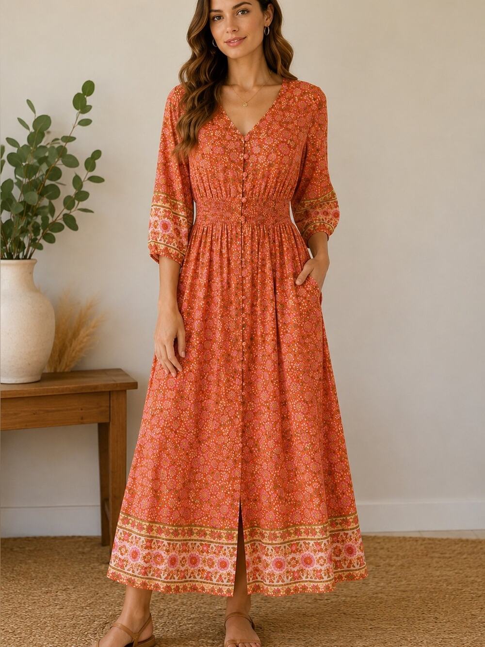 Walker & Wade Orange Floral Boho Maxi Dress Rayon Smocked Waist Size XS